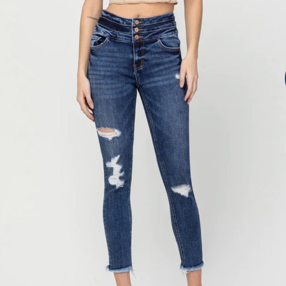Vervet Women’s High Rise Triple Waistband Fray Hem Crop Skinny Jeans Size 31